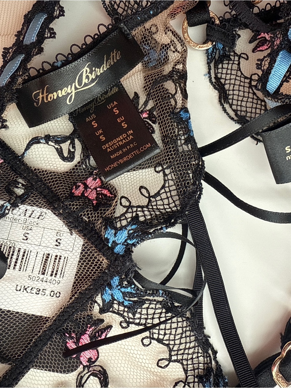 Honey birdette Set Bra panty garter belt Pascale Black blue Lingerie 32ddd S S - Picture 10 of 11